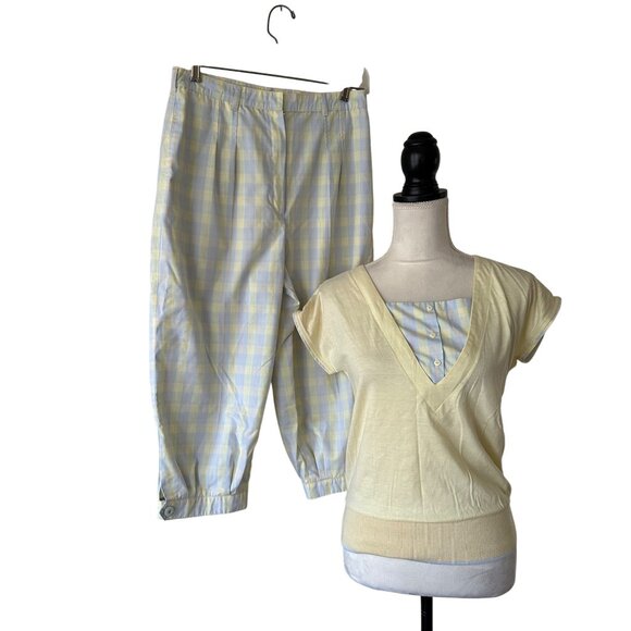 Vintage Tail Womens Yellow V-Neck Top & Checkered PantsSet Size 9/10 Rare Unique - Picture 1 of 16